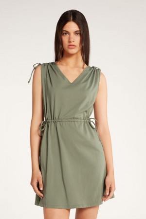 Dámské Šaty Tezenis Bavlněné Mini with Drawstring and Gathering Zelene | CZ-AF0169245