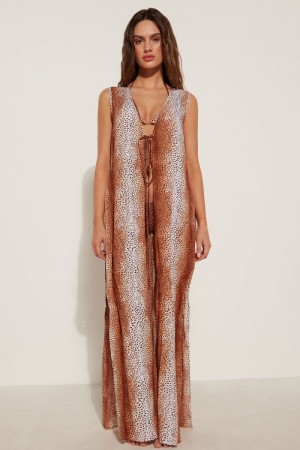 Dámské Šaty Tezenis Bez Rukávů Viscose Platene Kaftan Vintage Animal Print | CZ-SP9130645