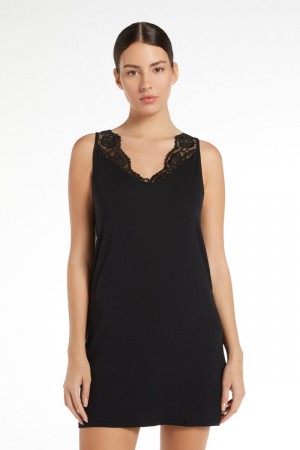 Dámské Šaty Tezenis Bez Rukávů Viscose and Krajkové Chemise Černé | CZ-LH8195360