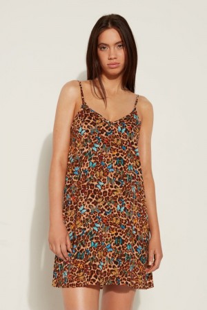 Dámské Šaty Tezenis Flared Viscose Fabric Mini Leopard | CZ-KD4698312
