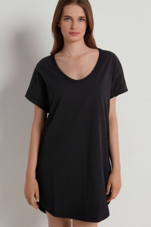 Dámské Šaty Tezenis Half-Sleeve Crew-Neck Krátké Bavlněné Černé | CZ-JI0687439