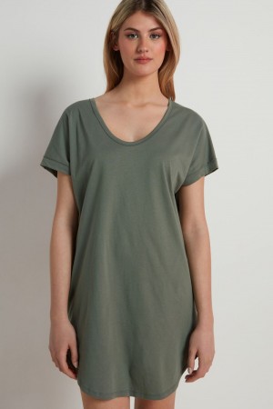 Dámské Šaty Tezenis Half-Sleeve Crew-Neck Krátké Bavlněné Zelene | CZ-CR7123854