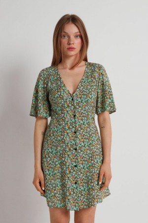 Dámské Šaty Tezenis Half-Sleeve Viscose Fabric Shirt Kytičkované | CZ-HE4059627