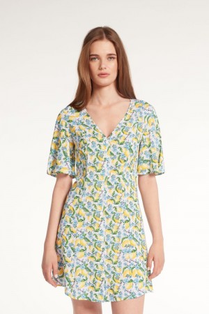Dámské Šaty Tezenis Half-Sleeve Viscose Fabric Shirt Zelene Kytičkované Citrón | CZ-GK5092167