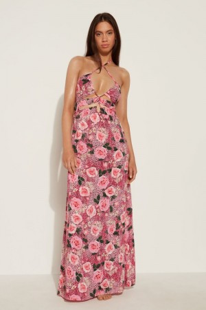 Dámské Šaty Tezenis Long Viscose Fabric Criss-Cross Růžové Růžové | CZ-JD9314760
