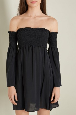 Dámské Šaty Tezenis Off-the-Shoulder Long Sleeve Plain Weave Černé | CZ-OA5612394