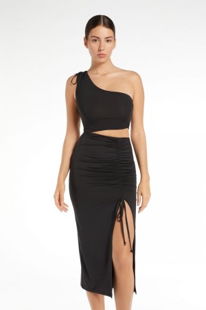 Dámské Šaty Tezenis One-Shoulder Gathered Midi Černé | CZ-JK7429608