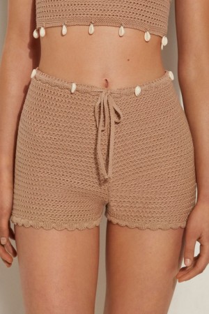 Dámské Šortky Tezenis Crocheted with Shells Béžový Béžový Hnědé | CZ-HL1745862