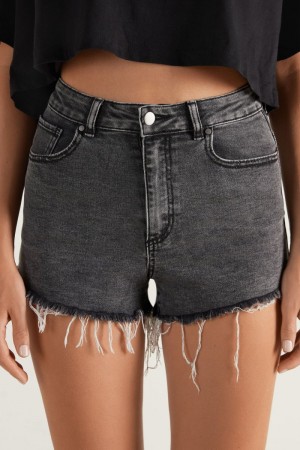 Dámské Šortky Tezenis High Rise Frayed Denim Černé Černé Blankyt | CZ-YU7419862