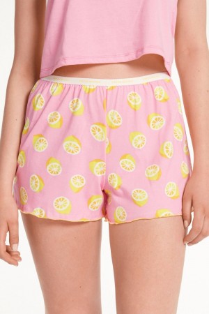 Dámské Šortky Tezenis Lettuce Leaf Printed Bavlněné Růžové Růžové Citrón | CZ-GX2973560