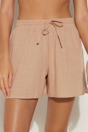 Dámské Šortky Tezenis Loose-Fit Bavlněné Platene Béžový Béžový Hnědé | CZ-HO6831294