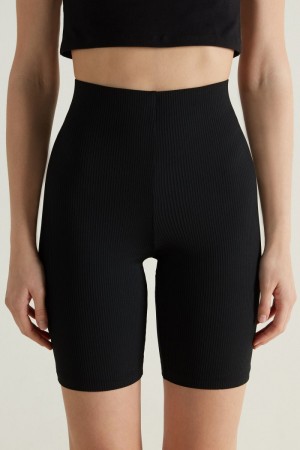 Dámské Šortky Tezenis Žebrovaný Microfiber High Pasem Bike Černé | CZ-UK4173920