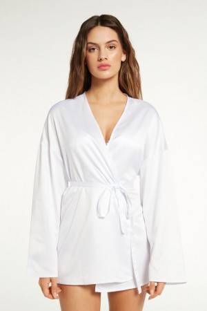 Dámské Župany Tezenis Satin Kimono Robe Bílé | CZ-CZ7542698