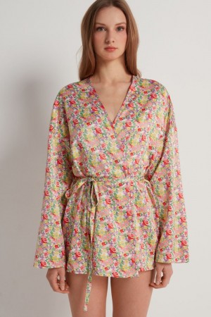 Dámské Župany Tezenis Satin Kimono Robe Floral Wildflower Print | CZ-QK0974215