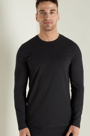 Pánské Mikina Tezenis Long Sleeve Bavlněné Crew Neck Top Černé | CZ-BP8562407