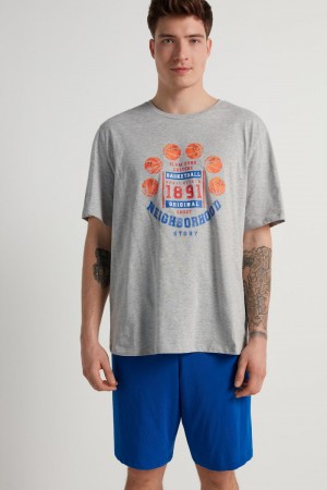 Pánské Pyžama Tezenis Bavlněné Basketball Print Krátké Blankyt Světle Šedé | CZ-XF6034819