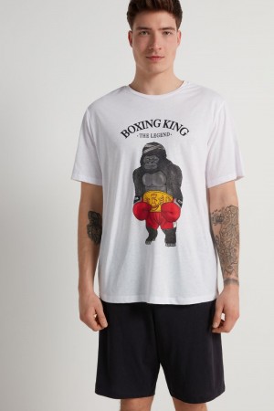 Pánské Pyžama Tezenis Boxing King Print Krátké Bavlněné Černé Bílé | CZ-WS7956243