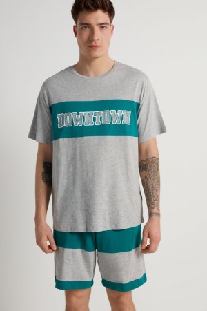 Pánské Pyžama Tezenis “Downtown” Print Krátké Bavlněné Zelene Světle Šedé Tyrkysové Zelene | CZ-GS6357820