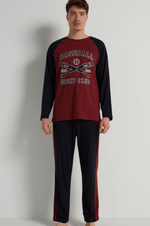 Pánské Pyžama Tezenis Full-Length Bavlněné Baseball Print Blankyt Tmavě Červené | CZ-QE7183042
