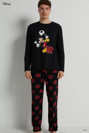 Pánské Pyžama Tezenis Full Length Mickey Mouse Disney Boss Print Bavlněné Černé | CZ-QS5472306