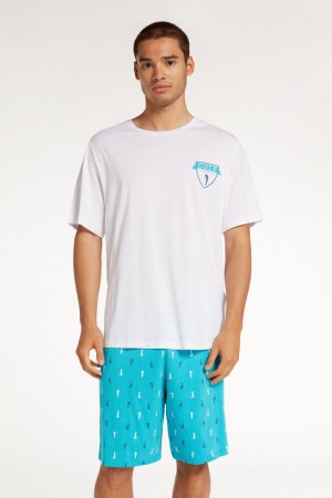 Pánské Pyžama Tezenis Golfové Print Krátké Bavlněné Blankyt Bílé | CZ-SR8705341