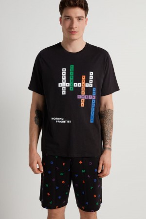 Pánské Pyžama Tezenis Letter Print Krátké Bavlněné Černé | CZ-KS5076824