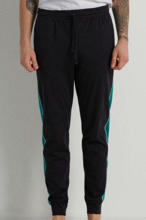 Pánské Pyžama Tezenis Long Pant Bavlněné with Piping Černé Tyrkysové Zelene | CZ-JH3205194