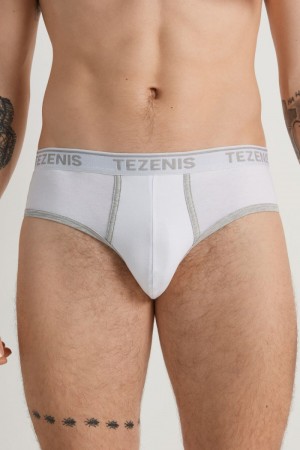 Pánské Slipy Tezenis Bavlněné Logo with Contrasting Edging Bílé Světle Šedé | CZ-CA0953876