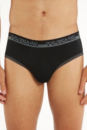 Pánské Slipy Tezenis Bavlněné with Logo Elastic Band Černé Tmavě Šedé | CZ-UE6839254
