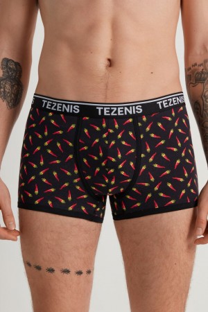 Pánské Spodní Prádlo Tezenis Printed Bavlněné Logo Boxers with Contrasting Trim Černé | CZ-IK4915673