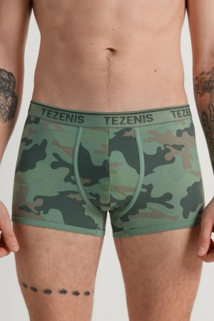 Pánské Spodní Prádlo Tezenis Printed Bavlněné Logo Boxers with Contrasting Trim Zelene Zelene Maskáčové | CZ-OG6841357