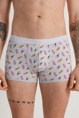 Pánské Spodní Prádlo Tezenis Printed Bavlněné Logo Boxers with Contrasting Trim Šedé Šedé Krém | CZ-LA6418095