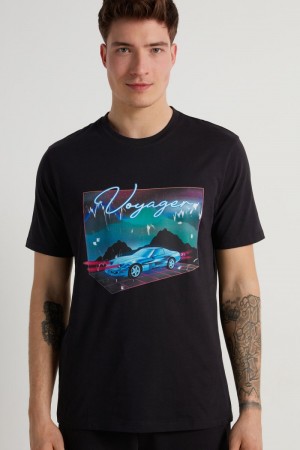 Pánské Tričko Tezenis Printed Bavlněné Černé | CZ-HO9342856