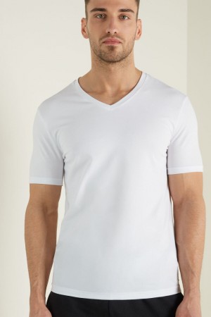 Pánské Tričko Tezenis V-Neck Stretch-Bavlněné Bílé | CZ-NY1539870