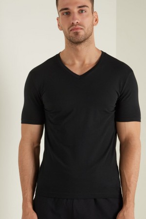 Pánské Tričko Tezenis V-Neck Stretch-Bavlněné Černé | CZ-KM5914803